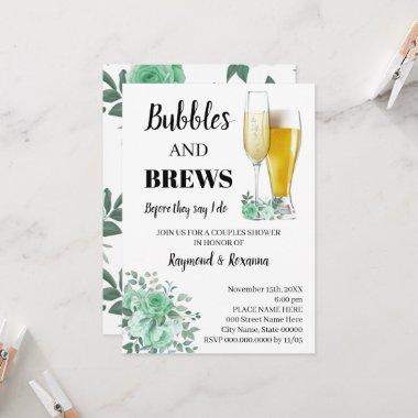 Green Roses Bubble & Brews Couples Shower Invitations