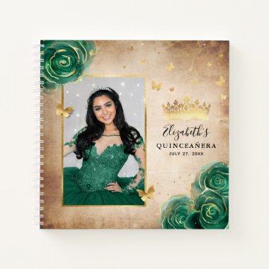 Green Roses Gold Elegant Photo Quinceanera Guest Notebook