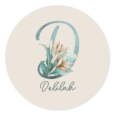 Green Rustic Off-White Lilies Letter D Monogram Classic Round Sticker