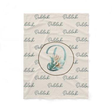 Green Rustic Off-White Lilies Letter D Monogram Fleece Blanket