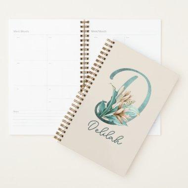 Green Rustic Off-White Lilies Letter D Monogram Planner