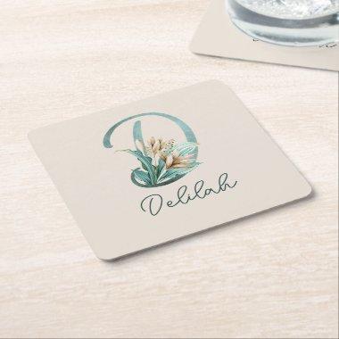 Green Rustic Off-White Lilies Letter D Monogram Square Paper Coaster