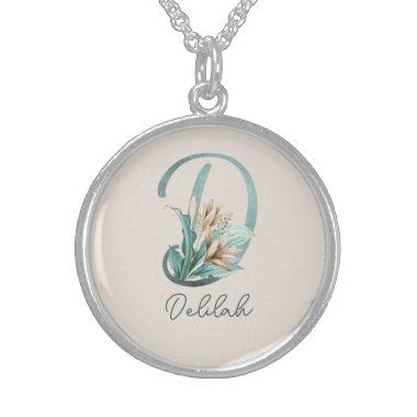 Green Rustic Off-White Lilies Letter D Monogram Sterling Silver Necklace
