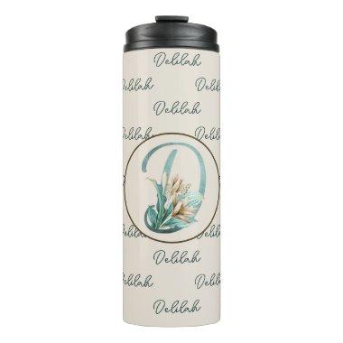 Green Rustic Off-White Lilies Letter D Monogram Thermal Tumbler