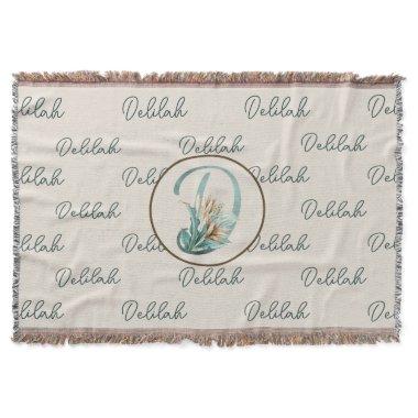 Green Rustic Off-White Lilies Letter D Monogram Throw Blanket