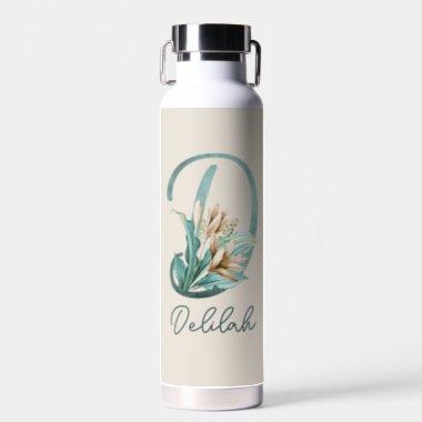 Green Rustic Off-White Lilies Letter D Monogram Water Bottle