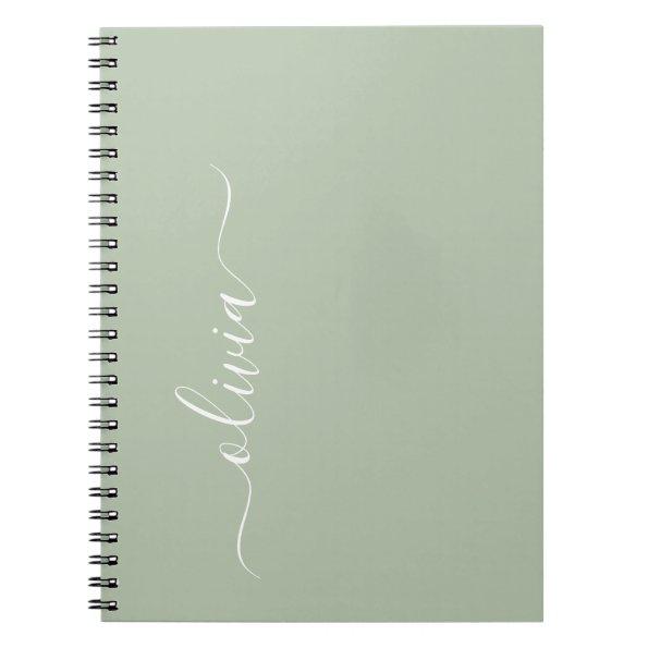 Green Sage Modern Script Girly Monogram Name Notebook