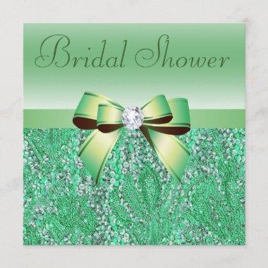Green Sequins, Bow & Diamond Bridal Shower Invitations