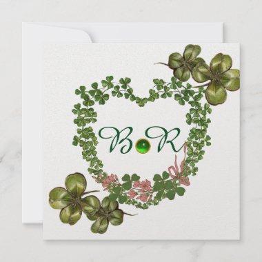 GREEN SHAMROCK HEARTS WITH PINK FLOWERS MONOGRAM ANNOUNCEMENT