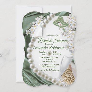 Green Silk & Ivory Pearls Bridal Shower Invitations