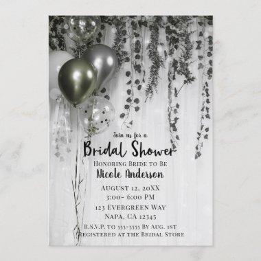 Green Silver Metallic Balloons Ivy Bridal Shower Invitations