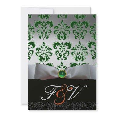 GREEN SILVER RIBBON & BLACK DAMASK MONOGRAM Orange Invitations