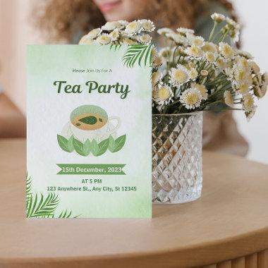 Green Simple Watercolor Tea Party Invitations
