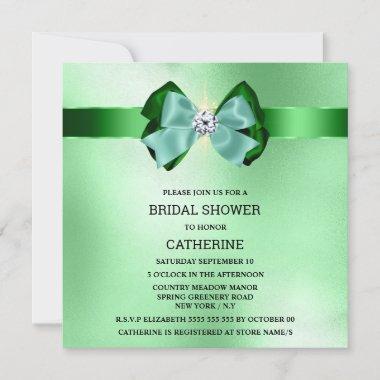 Green sparkle sage bow diamond shimmer lights Invitations
