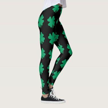 Green St Patrick's Day Shamrock Leaf Black Leggings