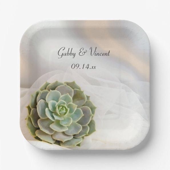 Green Succulent on White Wedding Paper Plates