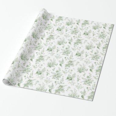 Green Toile De Jouy Vintage Floral Chinoiserie Wrapping Paper