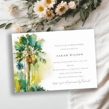 Green Tropical Watercolor Palm Tree Bridal Shower Invitations