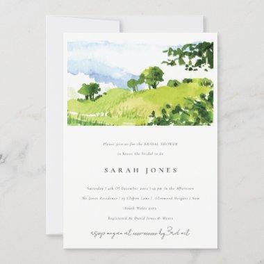 Green Watercolor Countryside Hills Bridal Shower Invitations