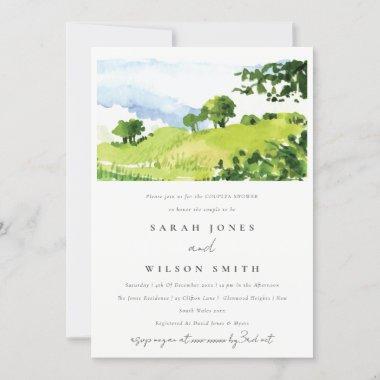 Green Watercolor Countryside Hills Couples Shower Invitations