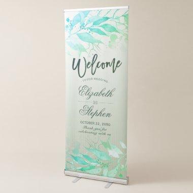 Green Watercolor Leaves Botanical Wedding Welcome Retractable Banner