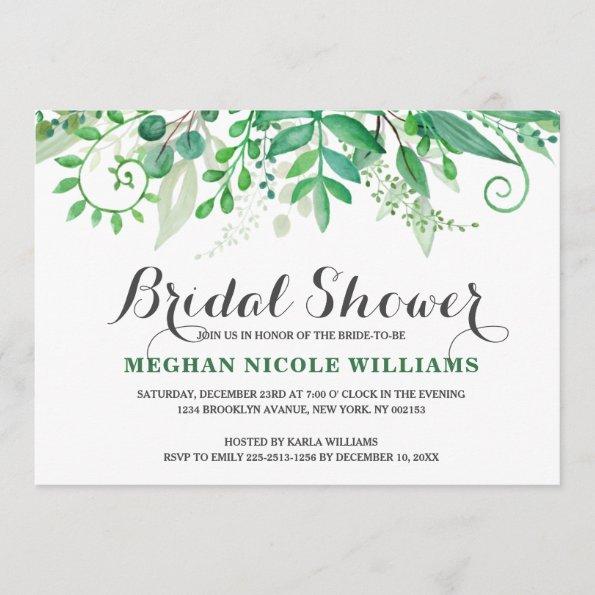 Green Watercolor Leaves Bridal Shower Invitations