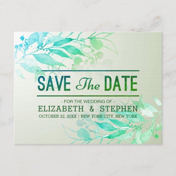 Green Watercolor Leaves Chic Wedding Save The Date PostInvitations