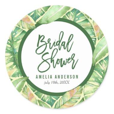 Green Watercolor Leaves Tropical Bridal Shower Classic Round Sticker