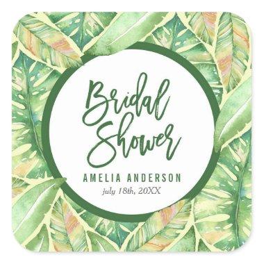 Green Watercolor Leaves Tropical Bridal Shower Square Sticker