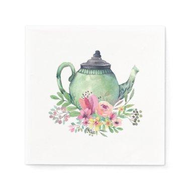 Green Watercolor Teapot and Floral Napkins