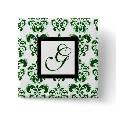 GREEN WHITE DAMASK BLACK SQUARE MONOGRAM BUTTON