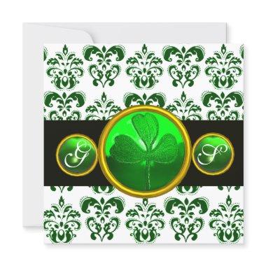 GREEN WHITE DAMASK ,SHAMROCK MONOGRAM St Patrick Invitations