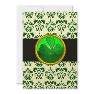 GREEN WHITE DAMASK WITH SHAMROCK Black Gold Invitations