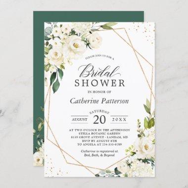 Green White Floral Gold Geometric Bridal Shower Invitations