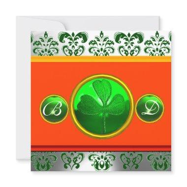 GREEN WHITE ORANGE DAMASK ,SHAMROCK MONOGRAM Invitations