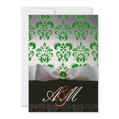 GREEN WHITE RIBBON & BLACK DAMASK MONOGRAM Gold Invitations