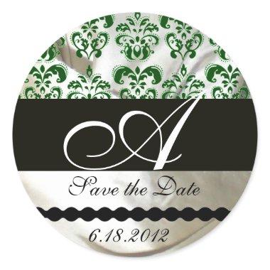 GREEN & WHITE SILK DAMASK CLOTH MONOGRAM CLASSIC ROUND STICKER