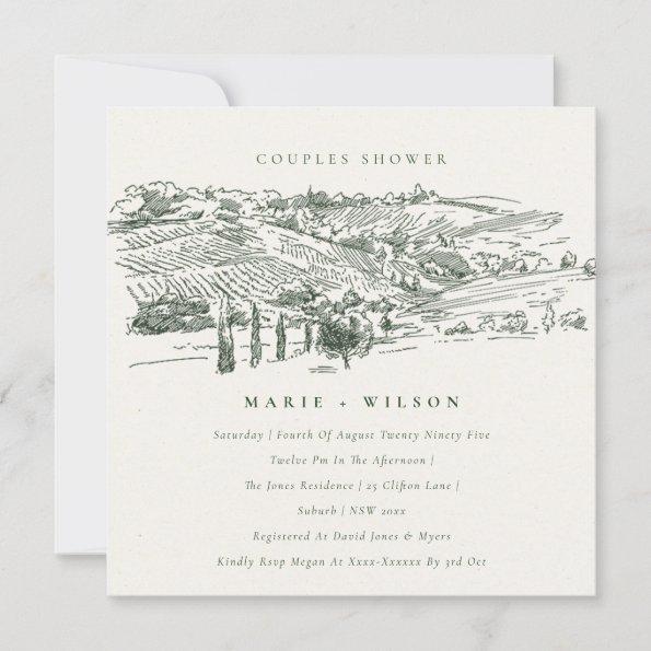 Green Winery Mountain Sketch Couples Shower Invite