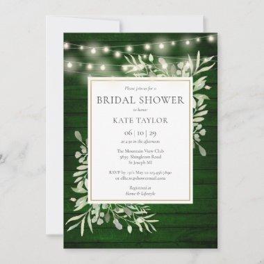 Green Wood String Lights Greenery Bridal Shower Invitations