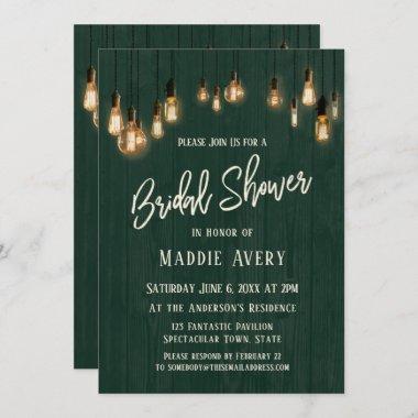 Green Wooden Wall w/ Edison Lights Bridal Shower Invitations