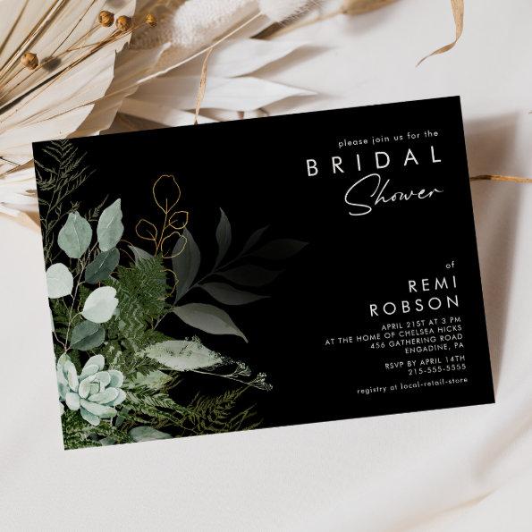Greenery and Gold Leaf Black | Bridal Shower Invitations