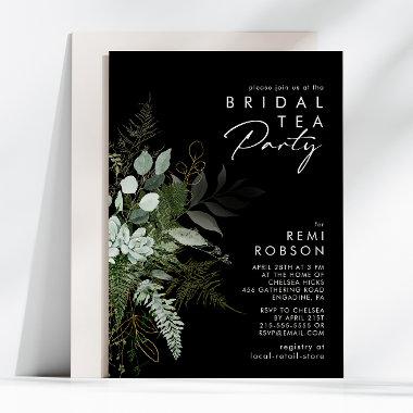 Greenery and Gold Leaf | Black Bridal Tea Party Invitations