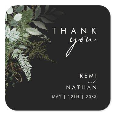Greenery and Gold Leaf | Black Thank You Sticker