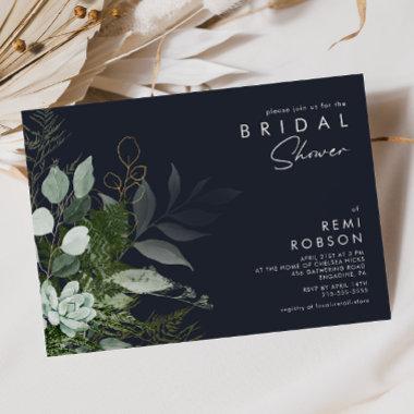 Greenery and Gold Leaf | Dark Navy Bridal Shower Invitations
