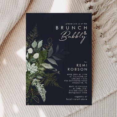 Greenery and Gold Leaf Dark Navy Brunch and Bubbly Invitations