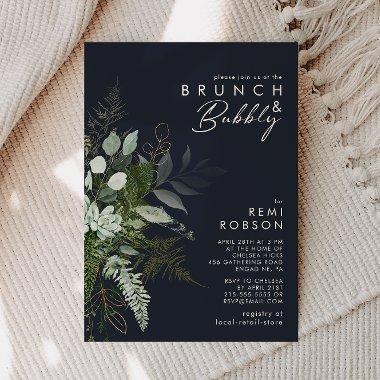 Greenery and Gold Leaf Dark Navy Brunch and Bubbly