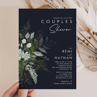 Greenery and Gold Leaf | Dark Navy Couples Shower Invitations