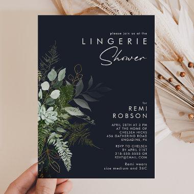 Greenery and Gold Leaf | Dark Navy Lingerie Shower Invitations