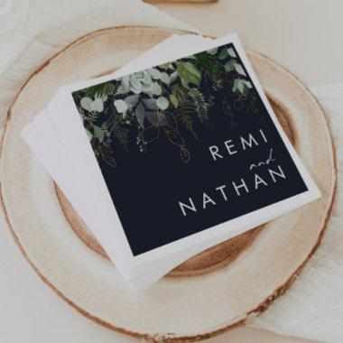 Greenery and Gold Leaf | Dark Navy Wedding Napkins