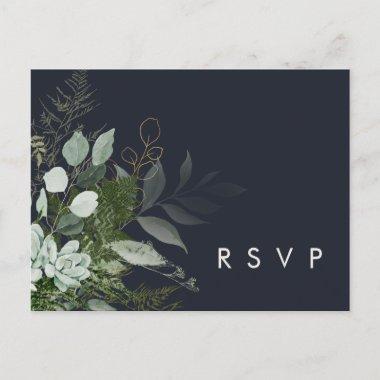 Greenery and Gold Leaf | Dark Navy Wedding RSVP PostInvitations